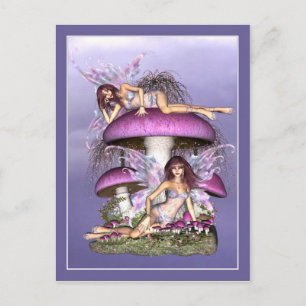 Carte postale féerique - fées sur champignon