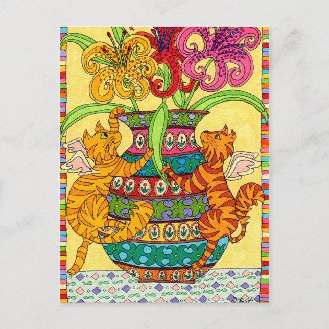 Carte Postale Fées de chats avec Vase ornée de lys (Devant)