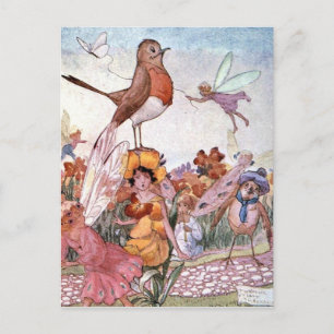 Carte Postale Fées et oiseaux dans un jardin,