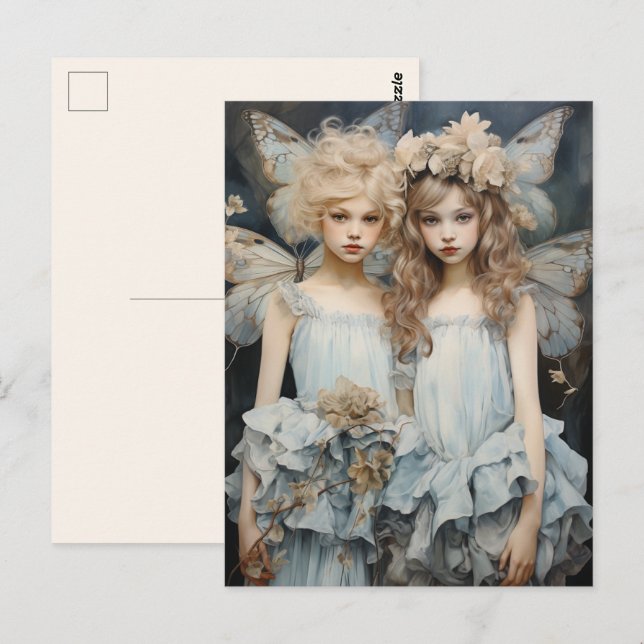 Carte Postale Fées Fées Fées Bleues Robe Satin Jolie Ailes (Devant / Derrière)