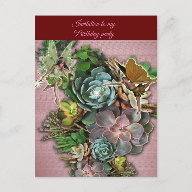 Carte Postale Fées sur un présentoir de plantes grasses (Devant)