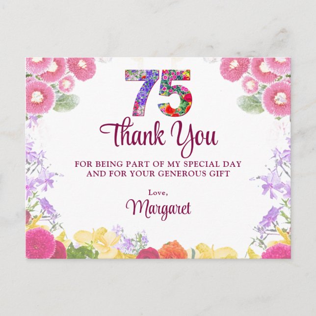 Carte Postale Félicitations Fleuris pour un 75e Anniversaire Élé (Devant)