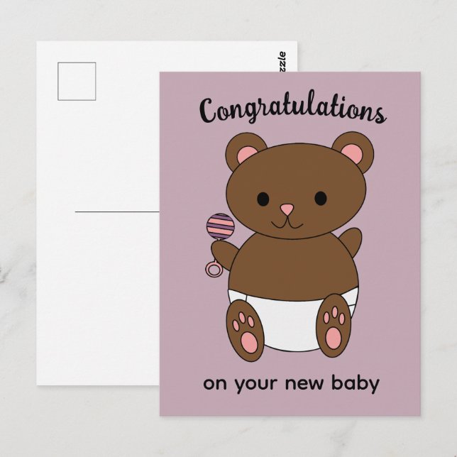 Carte Postale Félicitations Nouveau Bébé Fille Ours Rose (Devant / Derrière)
