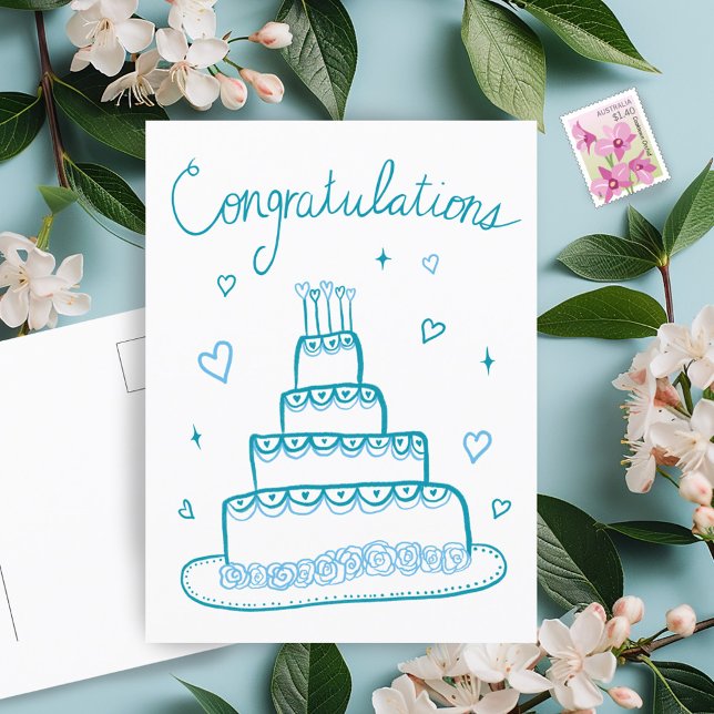 Carte Postale Félicitations pour le Mariage et les Fiançailles D (Congratulations Wedding Engagement Sketch Doodle Postcard Cake Whimsical)