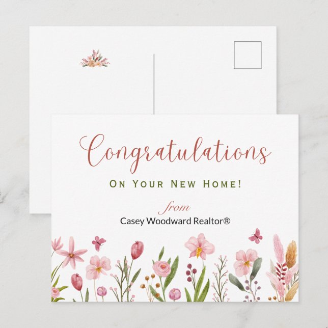 Carte Postale Félicitations Realtor Fleurs roses personnalisées (Devant / Derrière)