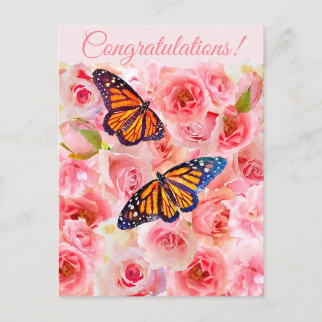 Carte Postale Félicitations Roses d'aquarelle rose et papillons (Devant)