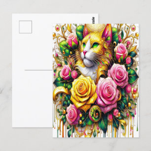 Carte Postale Feline au milieu d'une floraison vibrante