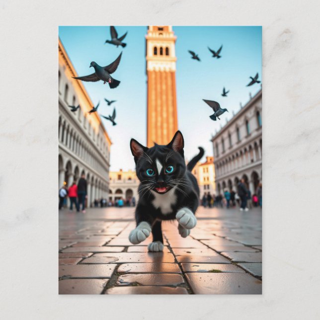 Carte Postale Felini vs Pigeons : Une chasse vénitienne (Devant)