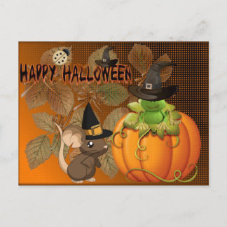 Carte Postale Feliz Halloween, ratones, calabazas y ranas