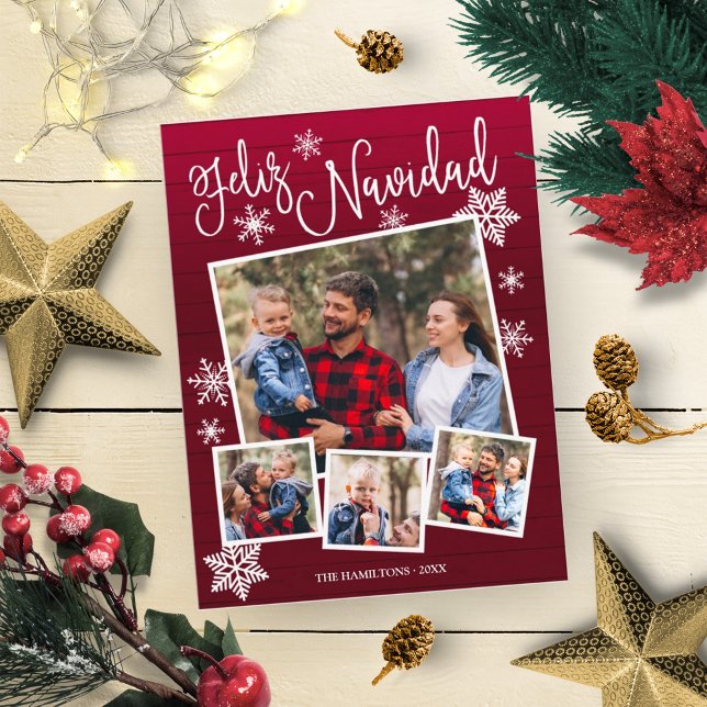 Carte Postale Feliz Navidad Snowflake Rustic 4 Photos Noël (Créateur téléchargé)