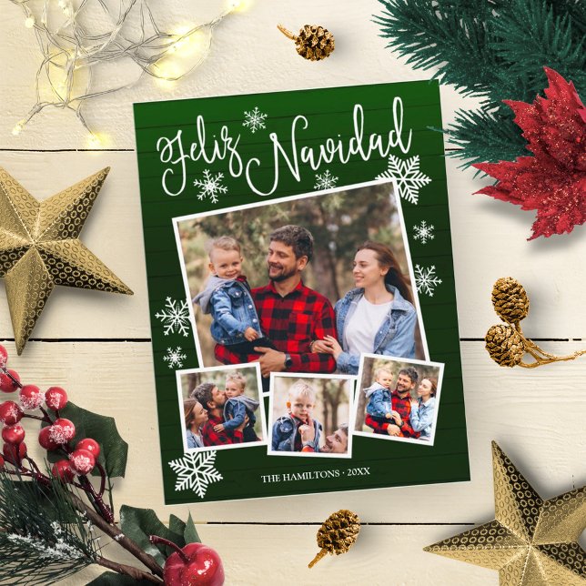 Carte Postale Feliz Navidad Snowflake Rustic 4 Photos Noël (Créateur téléchargé)