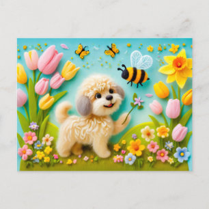 Carte Postale Felt Chien avec fleurs du printemps