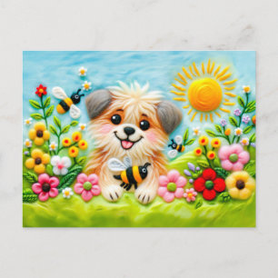 Carte Postale Felt Dog dans un jardin fleuri avec des abeilles
