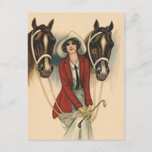Carte Postale Femme à deux chevaux