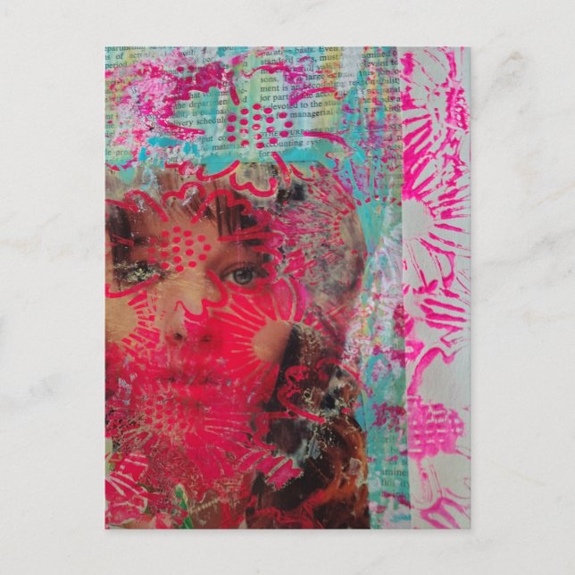 Carte Postale Femme à la fleur rose Collage en techniques mixtes (Devant)