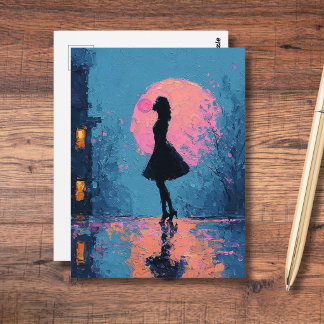 Carte Postale Femme à la Lune Rose Impressionniste Bubble Gum Bu
