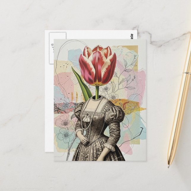 Carte Postale Femme à tête de tulipe (Devant/Arrière en situation)