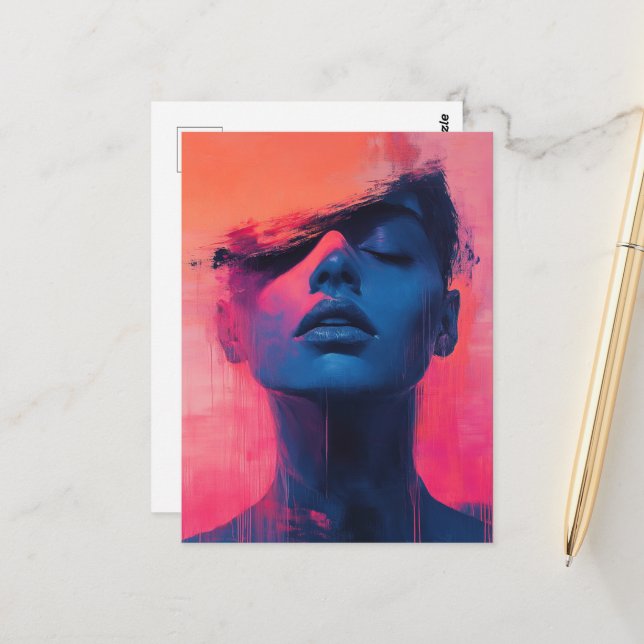 Carte Postale Femme Abstraite Bleue et Rose (Devant/Arrière en situation)