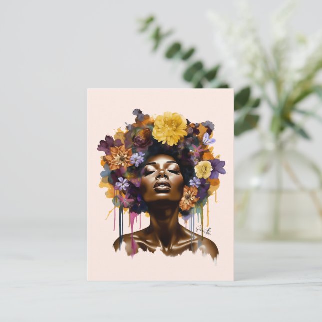 Carte Postale Femme afro-américaine aux cheveux noirs floraux (3 (Debout devant)