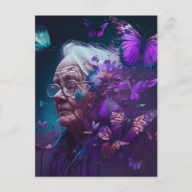 Carte postale Femme Âgée Avec Papillons Violets (Devant)