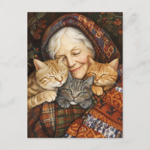 Carte Postale Femme Âgée Embrasser Trois Chats Cosy