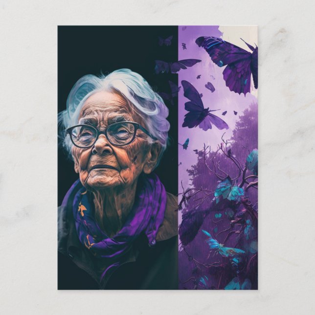 Carte postale Femme âgée et papillons (Devant)