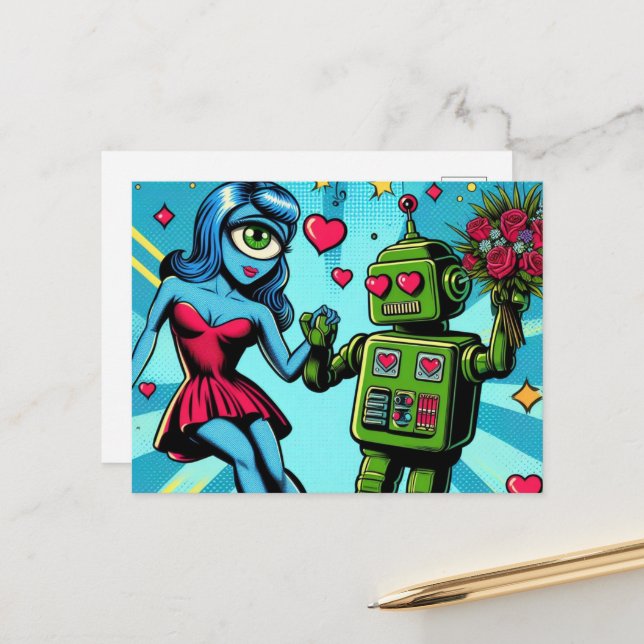Carte Postale Femme Alien bleue et robot vert (Devant/Arrière en situation)