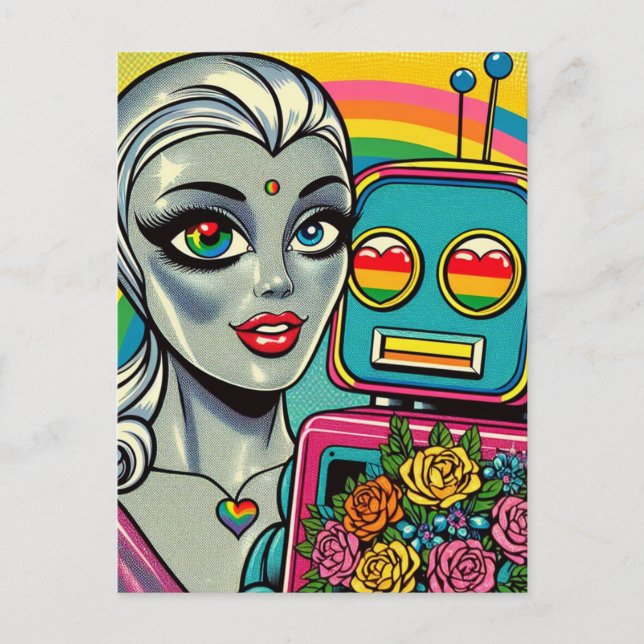 Carte Postale Femme Alien en argent et robot arc-en-ciel en amou (Devant)