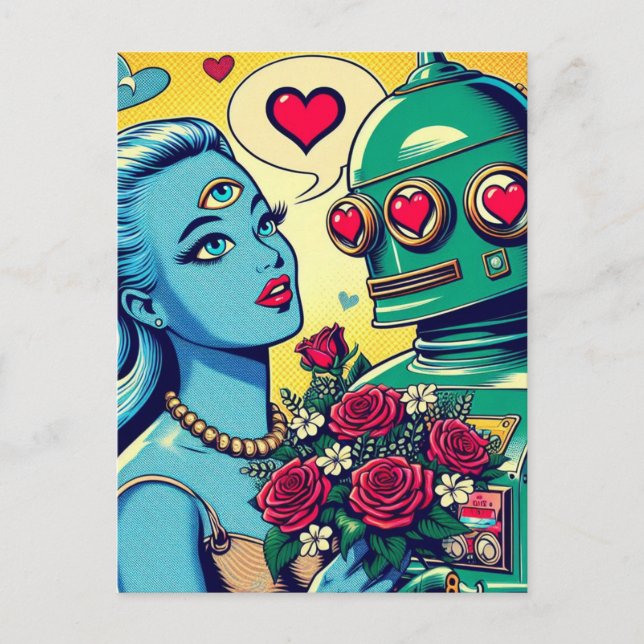 Carte Postale Femme Alien et robot dans Love Retro Comic (Devant)