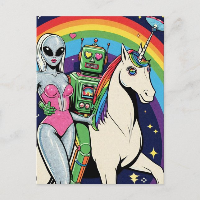 Carte Postale Femme Alien et robot vert amoureux de la licorne (Devant)