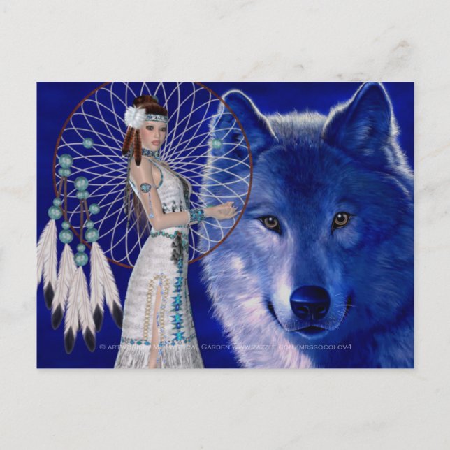 Carte Postale Femme amérindienne et Wolf bleu Design 2 (Devant)