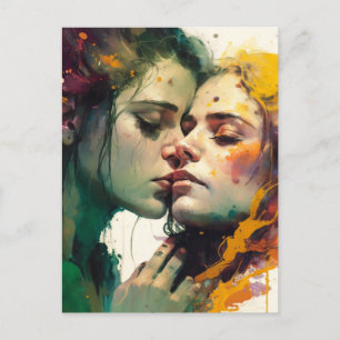 Carte Postale Femme amoureuse Peinture mixte colorée