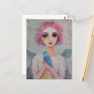 Carte Postale Femme ange aux cheveux roses et oiseau bleu