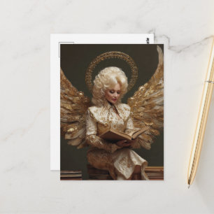 Carte Postale Femme ange blonde assise sur des livres en lecture