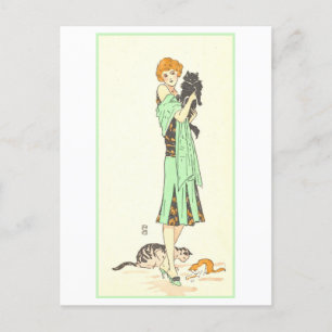 Carte Postale Femme Art Déco vintage avec trois chats