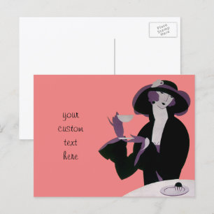 Carte Postale Femme Art Déco vintage, Thé d'après-midi et Cupcak