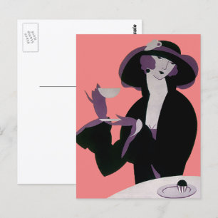 Carte Postale Femme Art Déco vintage, Thé d'après-midi et Cupcak