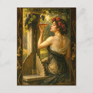 Carte Postale Femme Art Nouveau dans un vignoble avec du vin