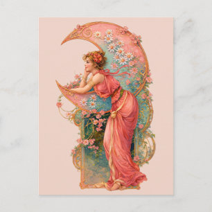 Carte Postale Femme Art Nouveau Rétro & Croissant de Lune