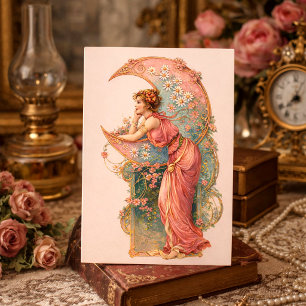 Carte Postale Femme Art Nouveau Rétro & Croissant de Lune