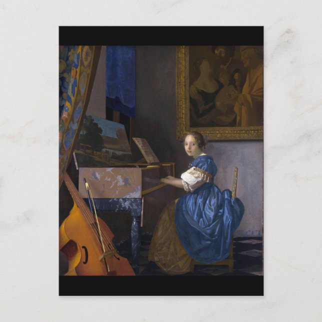 Carte Postale Femme assise à une virginale par Vermeer (Devant)