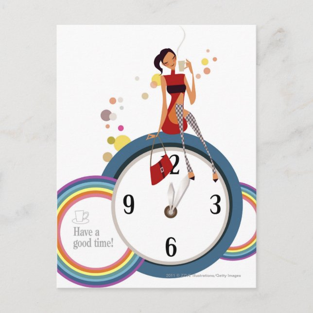 Carte Postale Femme assise sur une horloge et tenant une tasse d (Devant)