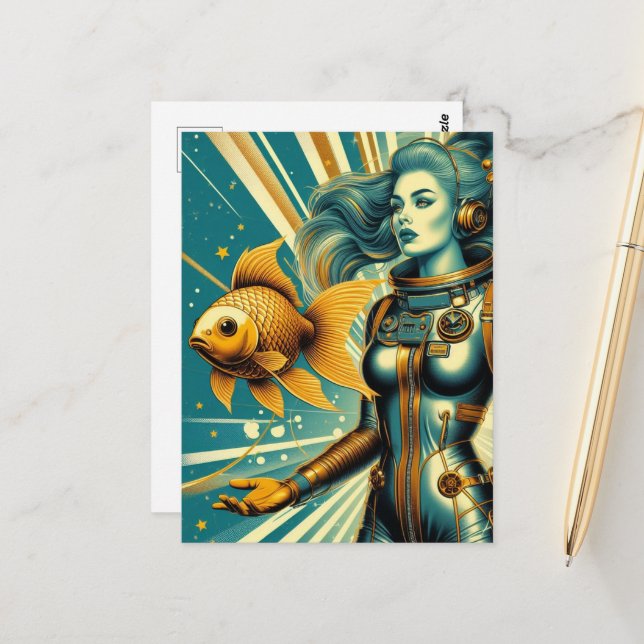 Carte Postale femme astronaute et poisson doré (Devant/Arrière en situation)