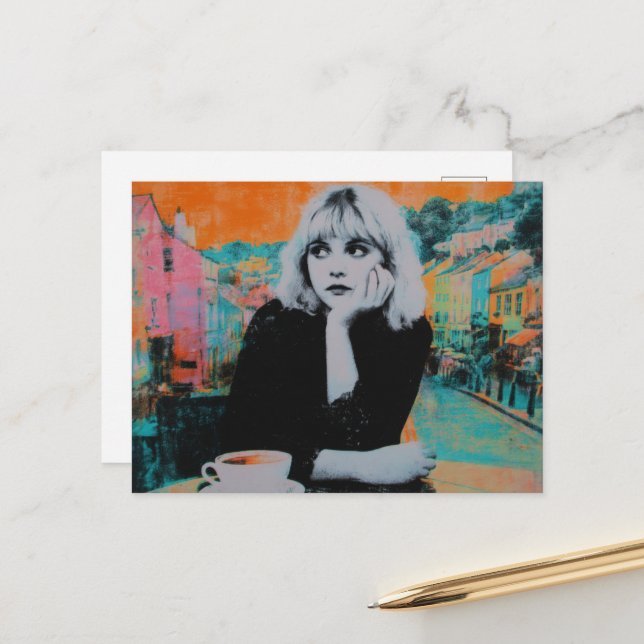 Carte Postale Femme Au Café Coloré (Devant/Arrière en situation)