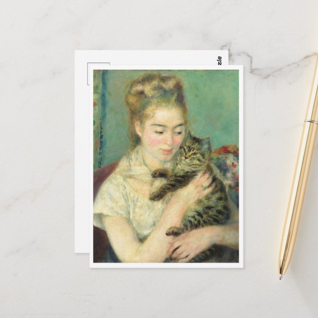 Carte Postale Femme au chat par Auguste Renoir (Devant/Arrière en situation)