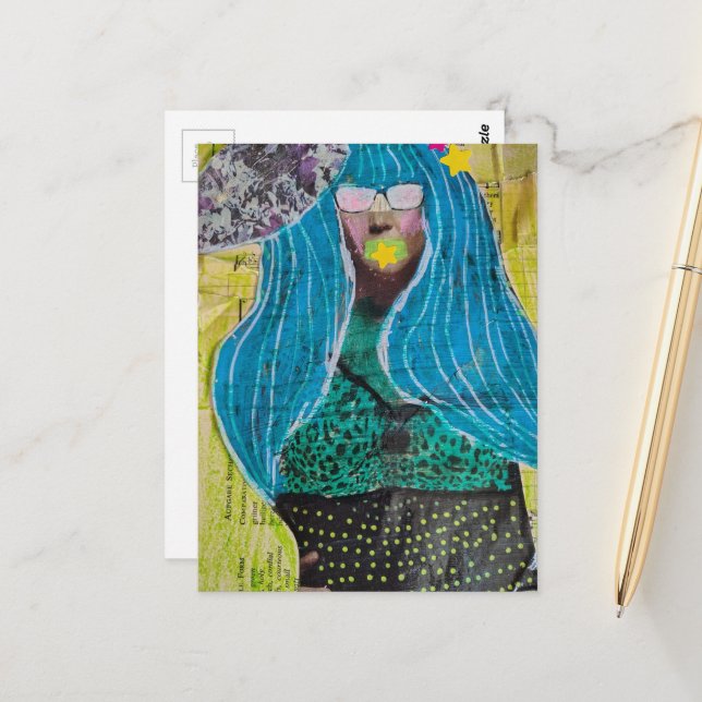 Carte Postale Femme aux cheveux bleus Collage en techniques mixt (Devant/Arrière en situation)