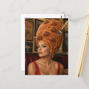 Carte Postale Femme aux cheveux de spaghettis et boulettes de vi