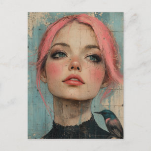 Carte Postale Femme aux cheveux roses et un oiseau sur son épaul