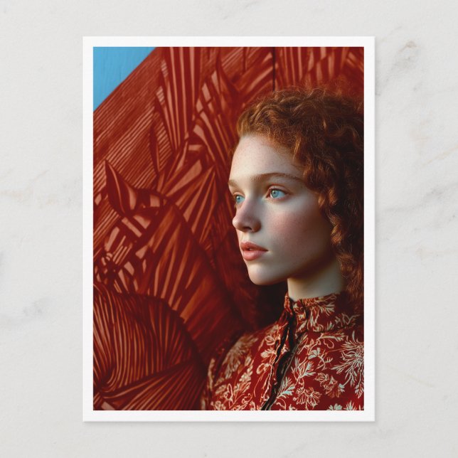 Carte Postale Femme aux cheveux rouges par un tableau de chevaux (Devant)