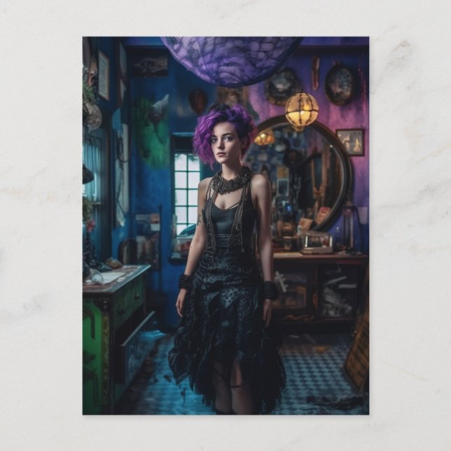 Carte Postale Femme aux cheveux violets dans le magasin de costu (Devant)